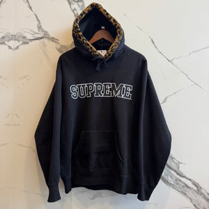 Supreme Hoodie Black with Leopard Print Trim Large