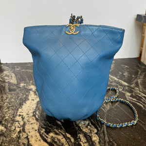 Chanel Quilted Calfskin Bucket Bag Backpack Blue Gold Hardware